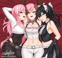 3girls alternate_hairstyle arm_behind_head arms_above_head artist_name belt big_breasts black_hair blush breasts brown_eyes brown_hair busty cleavage cropped_jacket cslucaris dual_persona gloves green_eyes hair_ornament hair_ribbon heterochromia hi_res highleg large_breasts long_hair looking_at_viewer lying midriff miniskirt multicolored_hair multiple_girls naughty_face navel neo_(rwby) pants pink_eyes pink_hair pose posing ribbon rwby seductive seductive_smile sensual sexy_armpits sideboob skirt smile twintails two-tone_hair