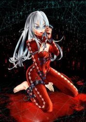 1girls bodysuit elizabeth_bathory_(majo_taisen) female human human_only light-skinned_female light_skin majo_taisen red_bodysuit spiked_bracelet tagme white_hair