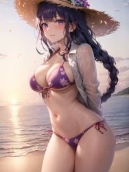 1girls ai_generated apel beach bikini braided_hair breasts female genshin_impact hat hips huge_breasts light-skinned_female light_skin long_hair outdoors purple_eyes purple_hair raiden_shogun stable_diffusion thighs