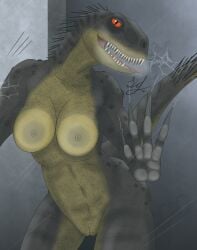 absurd_res against_glass anthro breast_squish breasts breasts_against_glass camp_cretaceous claws dinosaur female glass hi_res hybrid jurassic_park jurassic_world looking_at_viewer osteoderms pupils quills reptile scalie scorpius_rex sharp_teeth slit_pupils solo squish tail teeth universal_studios