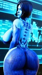 1girls 3d ass big_ass blue_hair breasts butt cortana female female_only halo_(series) huge_ass looking_back presenting_hindquarters rear_view shocked_expression side_boob skelly3d