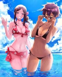 2girls adjusting_eyewear adjusting_glasses adjusting_sunglasses beach big_breasts cleavage collarbone dark-skinned_female dark_skin female female_only glasses j_artur kurobe_natsumi_(shiromanta) light-skinned_female light_skin looking_over_eyewear looking_over_glasses looking_over_sunglasses my_senpai_is_annoying sakurai_touko senpai_ga_uzai_kouhai_no_hanashi shiny_skin short_hair smile sunglasses swimsuit tinted_eyewear tomboy very_short_hair water yellow_eyes