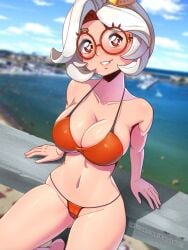 2023 beach big_breasts bikini blush breasts female female_only glasses hourglass_figure kagato007 looking_at_viewer nintendo patreon_url purah purah_(tears_of_the_kingdom) red_eyes round_glasses tears_of_the_kingdom the_legend_of_zelda the_legend_of_zelda:_tears_of_the_kingdom thick_thighs white_hair