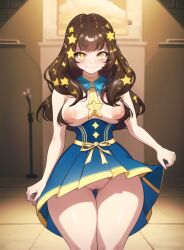 ai_generated dress female mimibits nipples pussy skirt_lift smile stars tagme virtual_youtuber yellow_eyes