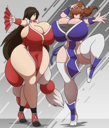 big_breasts black_hair breasts breasts_bigger_than_head brown_hair commission dead_or_alive enormous_breasts gigantic_breasts hair_over_one_eye huge_breasts hyper_breasts kasumi_(doa)_(cosplay) king_of_fighters large_breasts mai_shiranui_(cosplay) original_characters takano_(artist) thick_thighs thighhighs thin_waist thunder_thighs venus_body wide_hips