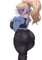 1girls back_view big_ass big_breasts big_butt blonde_hair cameltoe clothed clothing curvy female female_only fluffy fully_clothed futanyanri gym gym_uniform jogging league_of_legends looking_back poppy shortstack standing sweat tracksuit twintails violet_eyes yordle