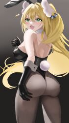 alternate_costume artist_request ass ass_grab bare_shoulders blonde_hair blush breasts come_hither deep_skin female from_behind gloves goddess_of_victory:_nikke green_eyes huge_ass large_breasts leotard long_hair looking_at_viewer naughty_face open_mouth pantyhose playboy_bunny rabbit_ears rabbit_tail rupee_(nikke) rupee_(rabbit_deluxe)_(nikke) sideboob smile solo tail thong_leotard very_long_hair