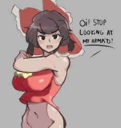 1girls armpit_fetish armpits arms_up big_breasts blush bottomless breasts brown_hair curvy curvy_female english_text get2_audio2 grey_background implied_nudity light-skinned_female no_panties reimu_hakurei shrine_maiden solo solo_female talking_to_viewer text touhou