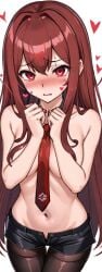 1girls ai_generated blush embarrassed female female_only full_face_blush heart makise_kurisu pantyhose petite red_eyes red_hair shorts solo steins;gate tie topless topless_female