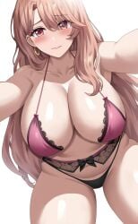 1girls absurd_res blush bra breasts brown_hair earrings female hi_res huge_breasts jasony light-skinned_female light_skin long_hair looking_at_viewer mature_female naughty_face oshi_no_ko panties saitou_miyako simple_background white_background