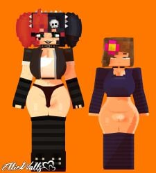 2girls 3d armwear bell_collar big_ass big_breasts bisexual_(female) blue_eyes bra brown_hair clothed_female ellie_walls_(odysseyellie) female flower_in_hair freckles goth goth_girl green_eyes horny_female human human_female humanoid jenny_belle_(slipperyt) looking_at_viewer mine-imator minecraft multicolored_hair no_bra no_panties odysseyellie outside panties ponytails skull_hair_ornament smile spiked_collar spiked_hairband stockings tagme wet_pussy