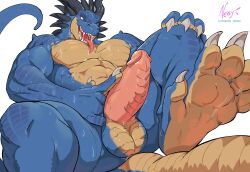 absurd_res alpha_channel anthro balls blue_body blue_scales brown_eyes claws deimos_(negger) dragon erection finger_claws genitals hi_res male muscular muscular_male negger open_mouth penis scales scalie simple_background solo tail toe_claws tongue tongue_out transparent_background