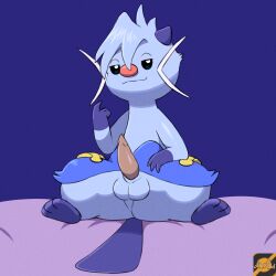 1:1 anthro balls beckoning bed darknsfwindie dewott digital_media_(artwork) fan_character fur furniture generation_5_pokemon genitals gesture hair hi_res looking_at_viewer male mammal mustelid nintendo nude on_bed penile penis perineum pokemon pokemon_(species) simple_background sitting sitting_on_bed solo t.j._dewott tail tapering_penis