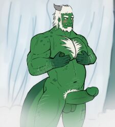 blush caught chernobog_kuzarnak dragon embarrassed erection genitals hi_res humanoid hybrid male male_only musclegut nipple_fetish nipple_play nipples orc orc_male pecs penis vajtheunholy waterfall