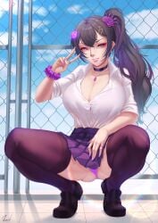 cleavage fully_clothed hair_ornament necklace ophelia_midnight purple_hair purple_underwear side_ponytail thighhighs virtual_youtuber vreverie white_shirt wristband