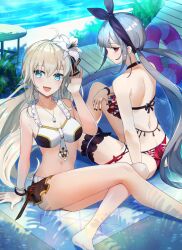 2girls beach big_breasts bikini blue_eyes blush bracelet breasts collar duel_monster female female_only hair_ribbon hi_res hsin long_hair looking_at_viewer looking_back necklace red_eyes silver_hair sky_striker_ace_raye sky_striker_ace_roze smile smooth_skin twintails two_piece_swimsuit yu-gi-oh!