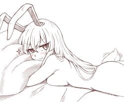 bed blush breast_press bunny_ears bunny_girl bunny_tail cachemerro female laying_on_stomach looking_at_viewer naked naked_female reisen_udongein_inaba smug_face solo tailwag touhou wool_(miwol)