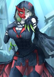 1girls big_breasts blurry_background diabellestarr_the_dark_witch duel_monster female female_only fully_clothed half_mask mask masked_female solo solo_female solo_focus thick_thighs tongue_out witch yu-gi-oh!