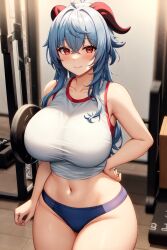 ai_generated big_breasts blue_hair breasts_out gangyu ganyu_(genshin_impact) genshin_impact gym gym_clothes hips horns huge_breasts large_breasts multicolored_eyes navel purple_eyes smile sports_bra stable_diffusion tank_top thick_thighs thighs wide_hips