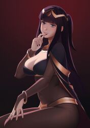 1girls black_hair black_nails blue_eyes blunt_bangs bodystocking bracelet breasts bridal_gauntlets cape circlet dnaitari female fire_emblem fire_emblem_awakening gold_(metal) gold_jewelry jewelry large_breasts midriff nail_polish neck_ring nintendo sideboob sitting skin_tight solo stomach tharja_(fire_emblem) thighs