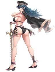 1girls absurdres alternate_costume alternate_version_available ass ass_focus back back_view bikini black_bikini black_swimsuit blue_eyes blue_hair breasts byleth_(female)_(fire_emblem) byleth_(fire_emblem) byleth_(fire_emblem)_(female) byleth_(summer)_(fire_emblem)_(female) female female_only fire_emblem fire_emblem:_three_houses fire_emblem_heroes from_behind full_body gonzarez hat high_heels highres large_breasts long_hair long_legs looking_at_viewer looking_back nintendo official_alternate_costume revision sandals shiny_skin sideboob simple_background solo standing swimsuit sword sword_of_the_creator thick_thighs weapon white_background