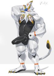 1boy 2022 3_toes absurd_res bara black_nose blizzard_entertainment blue_sclera claws clothing cxcxxcxxxx eyebrows feet furry generation_7_pokemon genitals hi_res human legendary_pokemon male male_only mammal muscular muscular_male nintendo overwatch overwatch_2 penis pokemon pokemon_(species) pose reinhardt reinhardt_(overwatch) rubber rubber_clothing rubber_suit simple_background solgaleo solo toes white_background white_clothing white_eyebrows