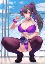 female hair_ornament lifting_skirt necklace open_shirt ophelia_midnight purple_hair purple_underwear side_ponytail thighhighs virtual_youtuber vreverie wristband