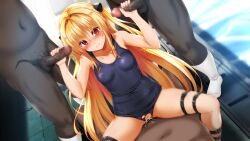 blonde_hair cowgirl_position dark-skinned_male erection golden_darkness group_sex handjob interracial konjiki_no_yami light-skinned_female red_eyes school_swimsuit swimsuit tears to_love-ru to_love-ru_darkness touchuu_kasou vaginal_penetration