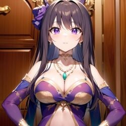 ai_generated black_hair bridal_gauntlets cleavage hair_flower hentai high_resolution highres hime-sama_gentei! huge_breasts jewelry nai_diffusion navel necklace olivia_edywolf purple_dress purple_eyes revealing_clothes shiny_clothes shiny_hair shiny_skin skyrimgamer17 stable_diffusion