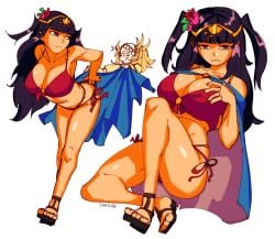 1girls 2girls 3amsoda alternate_breast_size alternate_costume artist_name bangs bare_legs bikini black_cape black_hair blonde_hair blunt_bangs breasts cape circlet cleavage female female_only fire_emblem fire_emblem_awakening fire_emblem_heroes flower frown hair_flower hair_ornament highres large_breasts leaning legwear lissa_(fire_emblem) long_hair looking_at_viewer multiple_girls multiple_views navel nintendo o-ring o-ring_bikini official_alternate_costume pink_eyes purple_eyes red_bikini red_cape red_swimsuit sandals solo_focus string_bikini swimsuit tharja_(fire_emblem) tharja_(summer)_(fire_emblem) twintails two-tone_cape two_side_up