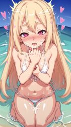 ai_generated beach bikini blonde_female blonde_hair blush cum_in_mouth cum_on_body female female_only full_face_blush girl heart petite petite_body petite_female pink_eyes swimsuit white_bikini