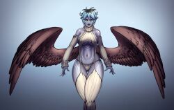 1female 1girls alternate_version_available blue_hair different_eye_color feathered_wings feathers female female_focus female_only green_eyes heterochromia nyx_(the_dragon_prince) sweater tattoos the_dragon_prince thick_thighs virgin_destroyer_sweater virgin_killer_sweater wings yellow_eye