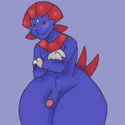 anthro claws generation_4_pokemon genitals looking_at_viewer male male_only nintendo nude penis pokemon pokemon_(species) red_eyes sbeve_wagon simple_background smile solo thick_thighs weavile