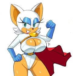 1girls big_breasts boob_window cleavage cosplay crossover_cosplay eyebrows eyelashes eyeshadow female female_only green_eyes large_breasts lipstick power_girl_(cosplay) rouge_the_bat solo solo_female sonic_(series) sonic_the_hedgehog_(series) squidapple white_fur white_hair wide_hips