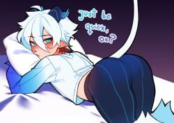 1boy arched_back ass_focus ass_up bed big_ass blush caelum(vtuber) caelum_vt clothed demon dialogue digital_media_(artwork) elf_ears femboy gay girly horns hugging_pillow indie_virtual_youtuber laying_down laying_on_bed looking_at_viewer looking_back male male_only male_sub pov pov_eye_contact solo solo_male tail top-down_bottom-up virtual_youtuber vtuber yaoi