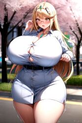 ai_generated alternate_breast_size blonde_hair breast_expansion breasts bursting_breasts buttons cherry_blossoms city curvy detailed_background dress_shirt earrings female full-face_blush gem gigantic_breasts glasses huge_breasts long_hair monolith_soft motion_lines mythra narrow_waist necklace nintendo open_mouth pants shiny_hair skindentation stable_diffusion surprised taut_clothes thick_thighs tiara undersized_clothes video_games wide_hips xenoblade_(series) xenoblade_chronicles_2 xenomon