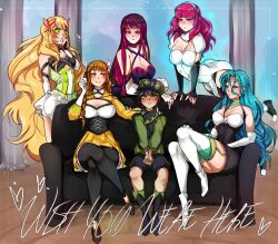 1boy 5girls aura black_couch blonde_hair blue_aura blue_hair breasts celica_(fire_emblem) celine_(fire_emblem) chloe_(fire_emblem) cleavage clue_(artist) cluewoof couch female fire_emblem fire_emblem_echoes:_shadows_of_valentia fire_emblem_engage garter_straps goldmary_(fire_emblem) group harem ivy_(fire_emblem) jean_(fire_emblem) legs long_hair male meme multiple_girls nintendo piper_perri_surrounded smile surrounded thighhighs thighs wish_you_were_here