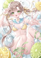 citrus_fruit lime necklace ribbon simple_background small_breasts submerged swimming swimsuit twintails underwater