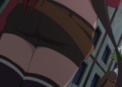 1girls ass ass_focus female female_only hi_res ikusaba_maya isekai_one_turn_kill_neesan:_ane_douhan_no_isekai_seikatsu_hajimemashita legs long_hair ponytail red_hair shorts solo thighs_grab