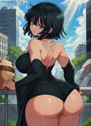 1girls ai_generated ass_focus backless_outfit big_ass big_breasts dress from_behind fubuki_(one-punch_man) green_eyes green_hair hi_res large_ass large_breasts looking_back mabi_ai one-punch_man short_hair wide_hips