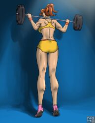 barbell behind_view brown_hair clothed earrings female human mario_(series) muscular muscular_female nx42 ponytail princess_daisy sneakers sportswear sweat weightlifting workout_clothes