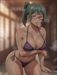 1girl 1girls arm_under_breasts artist_name ass_visible_through_thighs big_breasts bikini blurry blurry_background blush bra breasts breath brown_eyes cleavage collarbone commentary english_text female female_only glasses gluteal_fold green_hair highres jujutsu_kaisen large_breasts leaning_forward long_hair looking_at_viewer medium_hair navel panties parted_lips patreon_logo patreon_username ponytail purple-framed_eyewear shexyo solo stomach strap_gap swimsuit text thighs web_address zen'in_maki zenin_maki