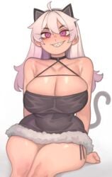 1girls ahoge breasts cat_ears cat_tail catgirl cleavage dress fake_animal_ears female huge_breasts kelvin_hiu light-skinned_female light_skin long_hair naughty_face original original_character purple_eyes sharp_teeth smile tail thick_thighs violet_(kelvin_hiu) white_hair