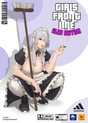 adidas ak-15_(girls'_frontline) alternate_costume apron bangs bangs_over_one_eye black_dress black_footwear breasts broom cigarette clove_cigarette dress enmaided female frilled_apron frills girls'_frontline grand_theft_auto grey_hair gun hair_over_one_eye handgun highres holding holding_cigarette holding_gun holding_weapon j_adsen large_breasts long_hair maid maid_apron maid_headdress pantyhose parody puffy_short_sleeves puffy_sleeves purple_eyes shoes short_sleeves slav_squatting smoking sneakers solo squatting tongue tongue_out waist_apron weapon white_apron white_pantyhose