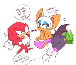 1boy 1girls bat bat_wings big_breasts cleavage eyebrows eyelashes eyeshadow female green_eyes holding_object_between_buttocks knuckles_the_echidna large_breasts lipstick male master_emerald red_body red_fur rouge_the_bat sonic_(series) sonic_the_hedgehog_(series) squidapple tail text thick_thighs thighs white_fur white_hair wide_hips