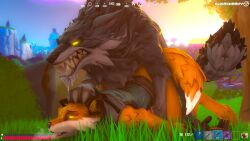 3d 3d_(artwork) absurd_res anal anal_sex anthro anthro_on_feral bodily_fluids breath breath_cloud canid canine canis digital_media_(artwork) doggy_style drooling drooling_on_partner duo feral feral_dominating_anthro fox from_behind_position gameplay_mechanics gay glowing glowing_eyes grass gui health_bar hi_res hud interspecies male male/male mammal open_mouth outdoor_sex paw_on_head penetration pinned questionable_consent saliva sex source_filmmaker tail teeth tongue wolf yellow_eyes