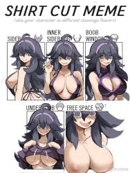 ahoge apron black_hair boob_window breasts cleavage clothed druzsea female game_freak goth goth_girl heart_cleavage_cutout hex_maniac huge_breasts inner_sideboob long_hair looking_at_viewer messy_hair multiple_views naked nintendo no_bra pale_skin pokemon pokemon_xy rakeemspoon shirt_cut_meme shirt_lift sideboob smile underboob upper_body