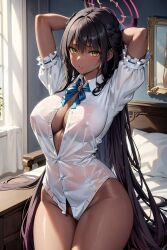 1girls ai_generated black_hair blue_archive breasts brown_skin dark-skinned_female dark_skin female hips huge_breasts karin_(blue_archive) karin_kakudate long_hair looking_at_viewer millennium_science_school_student school_uniform schoolgirl stable_diffusion thick_thighs wide_hips