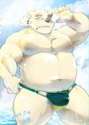 1boy 2023 anthro bear bulge clothing cloud detailed_background eyewear glasses hi_res humanoid_hands kawakyun1 kemono leib_(tokyo_afterschool_summoners) lifewonders male male_only mammal musclegut outside overweight overweight_male polar_bear smoking solo speedo swimwear tokyo_afterschool_summoners ursine water