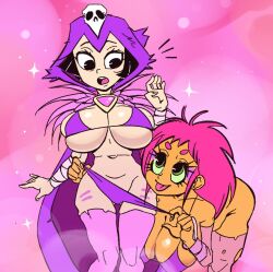 2girls ass big_breasts black_hair bottomless bra breasts cartoon_network cleavage dc eyebrows female female_only huge_breasts koriand'r large_breasts light-skinned_female light_skin navel panties pink_hair pulling_down_panties purple_bra purple_panties purple_underwear rachel_roth raven_(dc) squidapple starfire tamaranean tan_body tan_skin teen_titans teen_titans_go the_night_begins_to_shine underwear wide_hips yuri